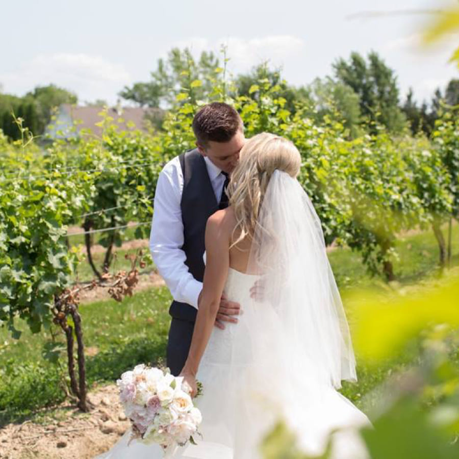 A bride and groom kiss outdoors in a vineyard. The bride wears a white dress and veil, holding a bouquet, while the groom wears a vest and tie. Green vines surround them under a sunny sky. 124 on Queen Hotel and Spa | Hotel & Spa Niagara-on-the-lake | 1 (855) 988-4552